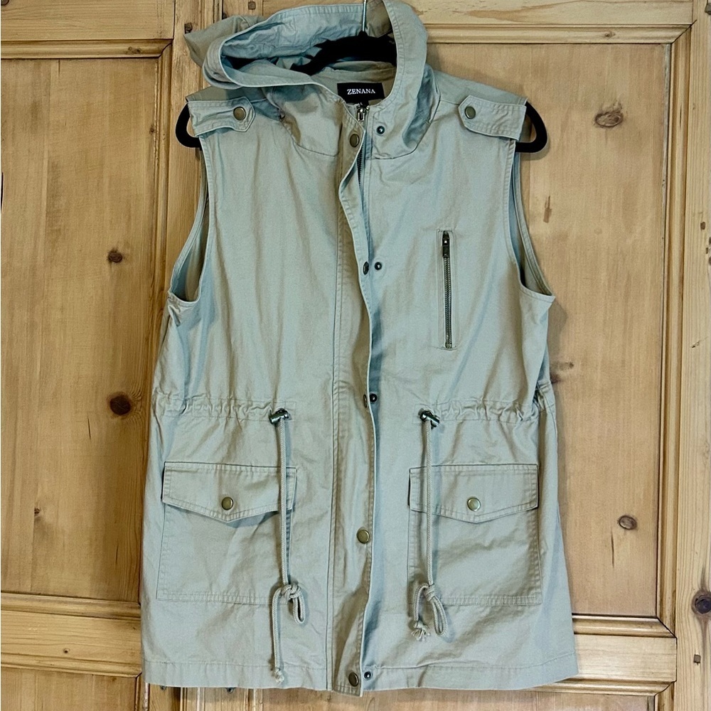 Zenana Women’s Khaki Cotton Hooded Zip Up Vest Size Large